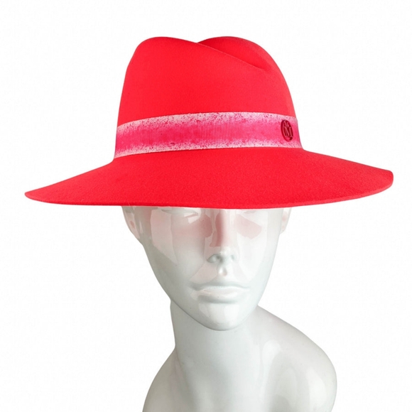 Sz M and L NWT $970 Maison Michel Kyra Wide-Brimmed Felted Fedora in Coral Pink